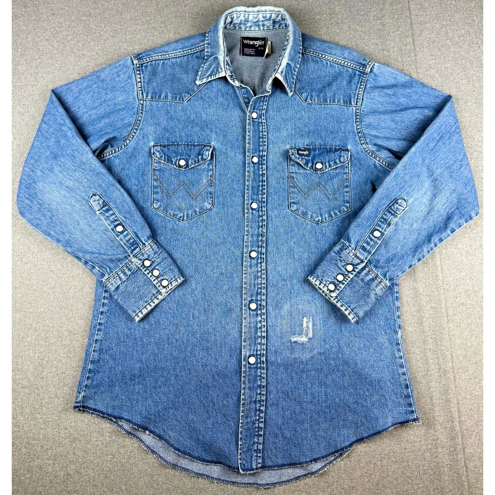 Wrangler Mens 15-33 Western Denim Shirt Pearl Snap Regular Fit Blue Cowboy